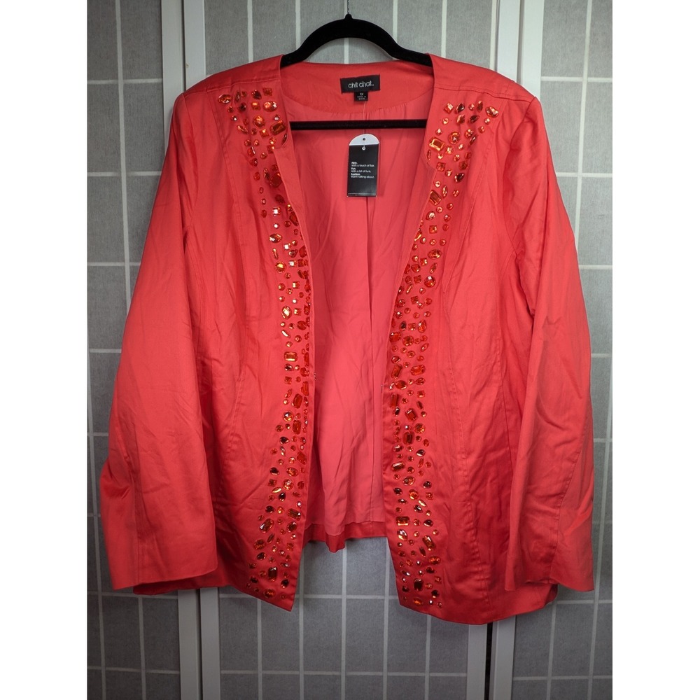 Chit Chat Womens Blazer Open Front 1X NWT Jacket Rhinestone Embellished Cotton